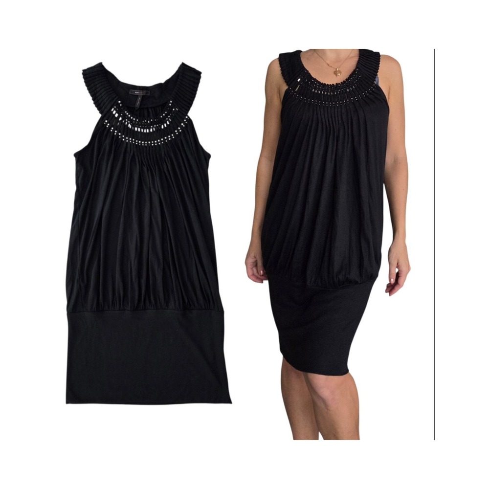 BCBGMAXAZRIA‎ Pleat Beaded Halter Neck Blouson Tunic Dress S Black Stretch NEW